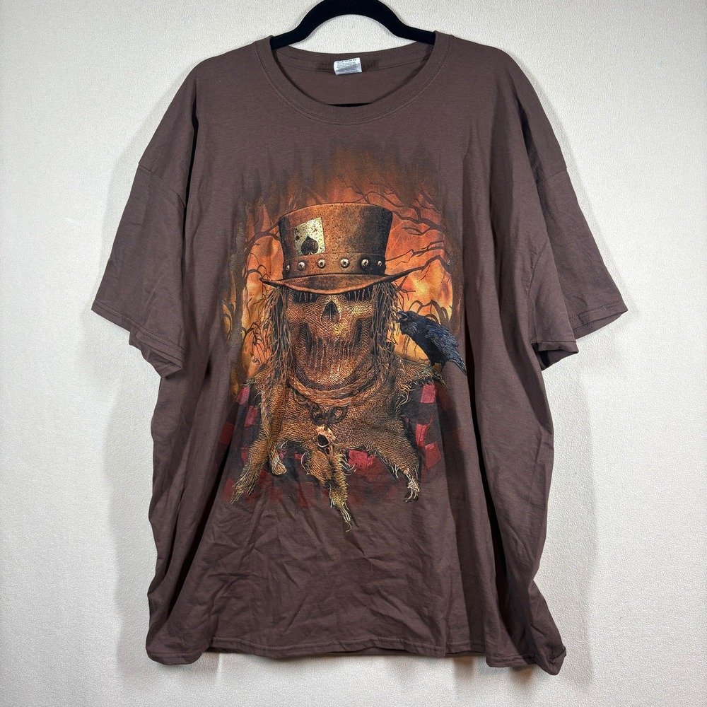NOS Fruit of the Loom Scarecrow Skull Graphic T-Shirt 2XL Brown Halloween Horror